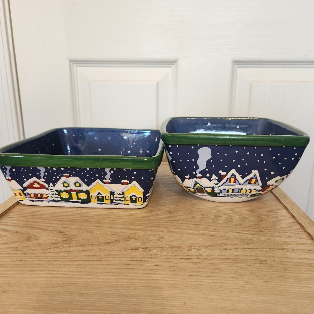 2 Temp-tations Presentable Ovenware Snowy Night Pattern Baking/Serving Dishes
